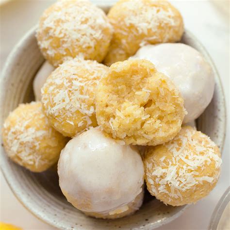 Photo of finished lemon energy balls rolled in coconut