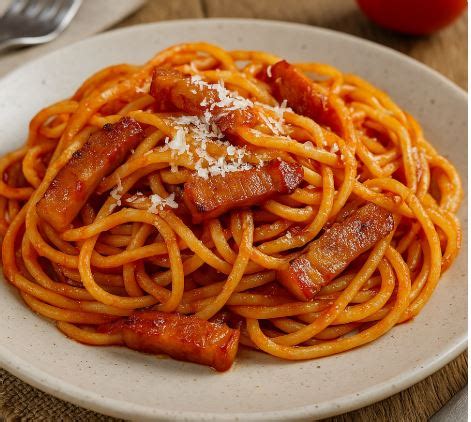Priprava špagetov Amatriciana s hrustljavo svinjsko ličnico