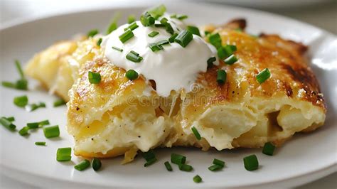 Thematic photo of a freshly baked potato strudel with a dollop of sour cream on top