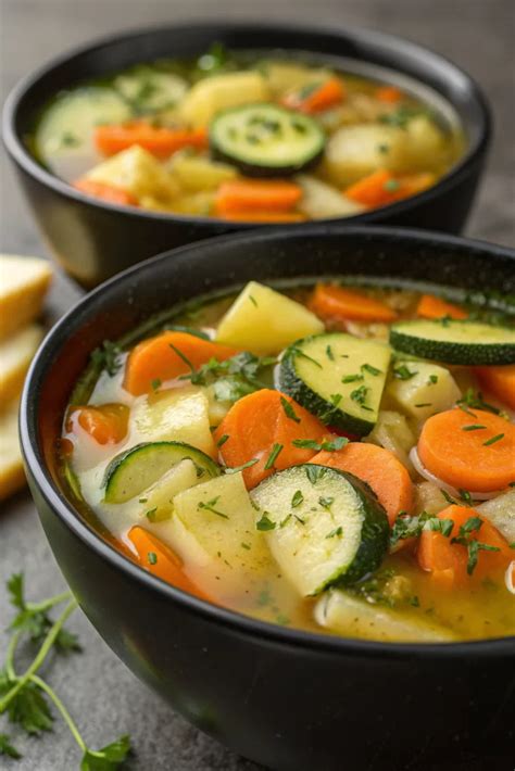 Photo of a bowl of zucchini and potato soup, garnished