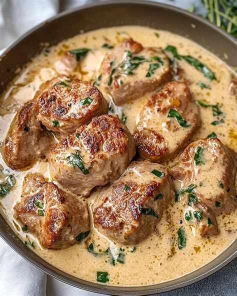 Thematic photo of cooked turkey medallions in sauce on a plate with side dish