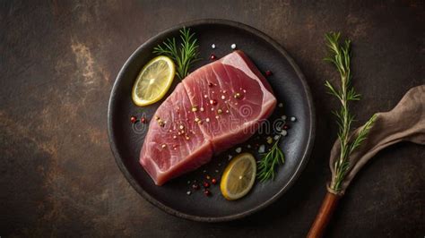 Thematic photo of a fresh tuna steak with lemon and herbs