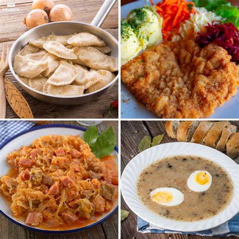 kolaž tradicionalnih poljskih jedi: pierogi, żurek, bigos in barviti krožniki s krepkimi sestavinami