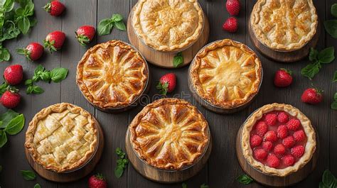 Thematic photo of various potato pies, some whole, some sliced, showing different fillings and crusts