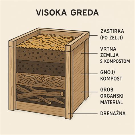 Shematski prikaz plasti v visoki gredi: veje, ruša, kompost, zemlja