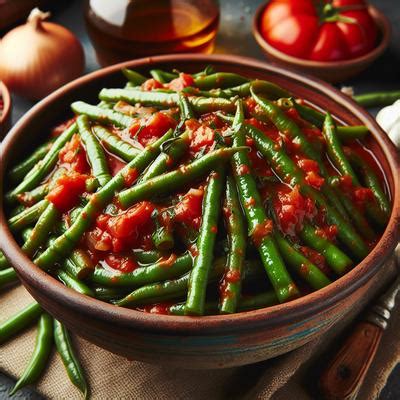 The final dish of green beans in tomato sauce, garnished with fresh parsley