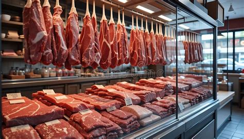 Thematic photo of various raw meat cuts in a butcher shop, some cheaper some premium