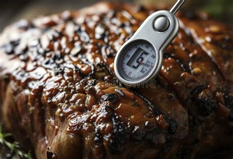 A meat thermometer inserted into a roast, showing a digital reading