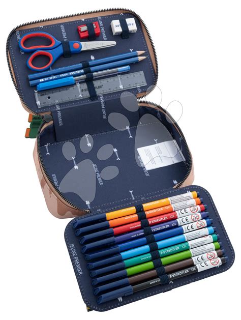 Ilustracija LEGO peresnice z odprtimi predelki in pisalnimi potrebščinami