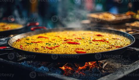 Thematic photo of paella cooking on an open fire