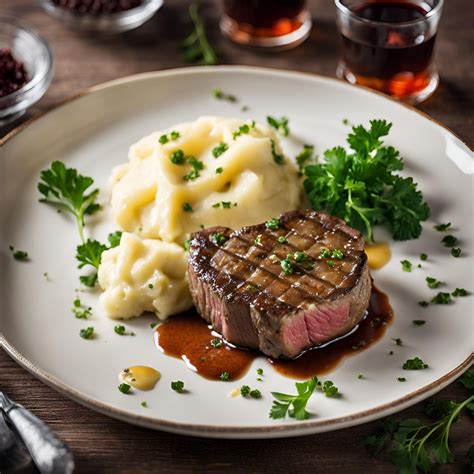 Thematic photo of beef steaks in sauce with mashed potatoes