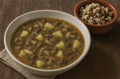 gobova juha postrežena z ajdovimi žganci in okrasom