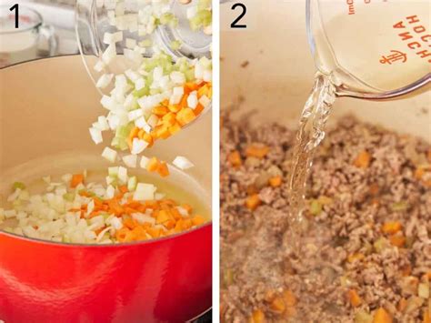 The process of making bolognese sauce in a large pot, with ingredients like rosemary, bacon, minced meat, onions, carrots, and celery, with a focus on a rich tomato color.