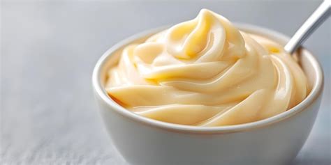 Thematic photo of mayonnaise in a bowl with a spoon