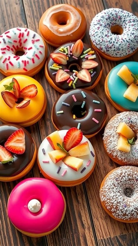 Photo of various donut toppings (glaze, powdered sugar, sprinkles)