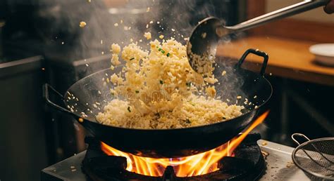 Thematic photo of rice being fried in a pan
