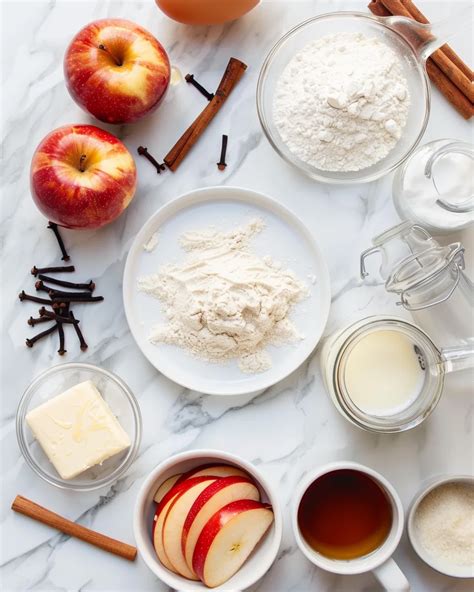 Thematic photo of fresh ingredients for apple pancakes (apples, flour, eggs, milk, cinnamon)
