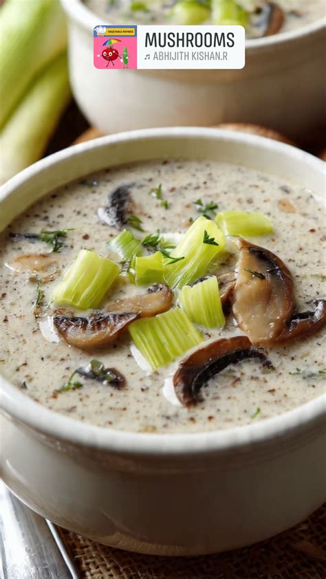 Collage of fresh ingredients for mushroom soup: cleaned mushrooms, diced potatoes and carrots, chopped onions and garlic, and various herbs and spices.