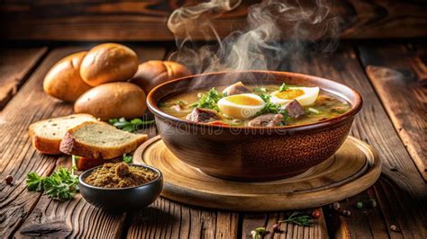 Thematic photo of a steaming bowl of vegetable meat soup with fresh herbs