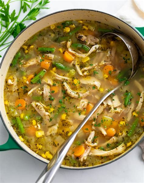 Thematic photo of a quick vegetable meat soup with sautéed chicken