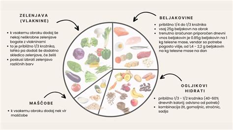 Shema uravnoteženega obroka z beljakovinami, zelenjavo/sadjem in ogljikovimi hidrati.