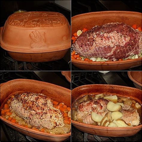 Thematic photo of a golden brown pork roast in a clay pot, surrounded by potatoes and vegetables