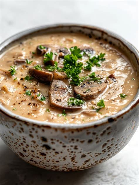 Thematic photo of a delicious mushroom soup in a bowl, garnished with parsley