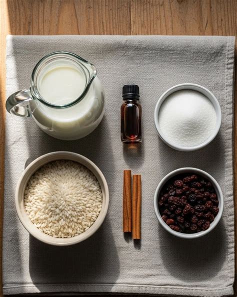 Flat lay photo of all ingredients for rice pudding