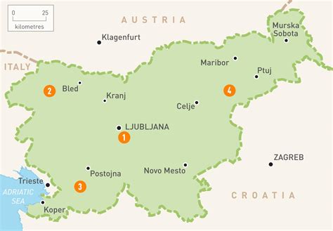 Zemljevid Slovenije s poudarkom na Gorenjski regiji, od koder izvira kranjska klobasa.