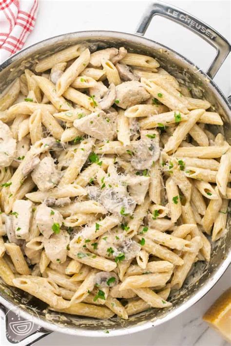 Thematic photo of creamy mushroom sauce with chicken and pasta