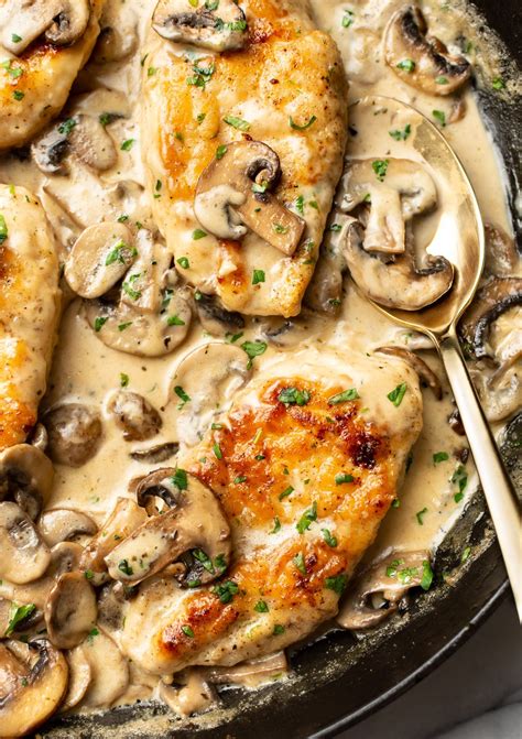 Step-by-step photos of cooking chicken and mushroom sauce