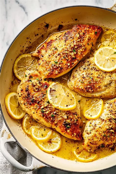 Thematic photo of whole baked chicken breasts in a pan with lemon slices
