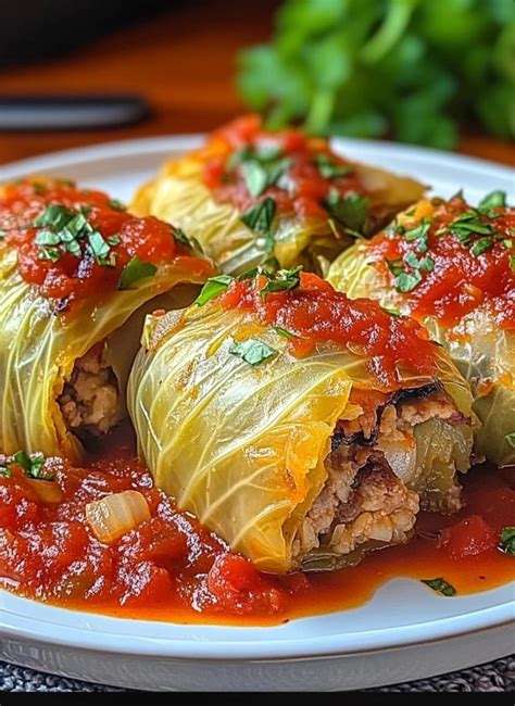 Thematic photo of a traditional sweet cabbage dish with paprika and tomato, garnished with fresh parsley