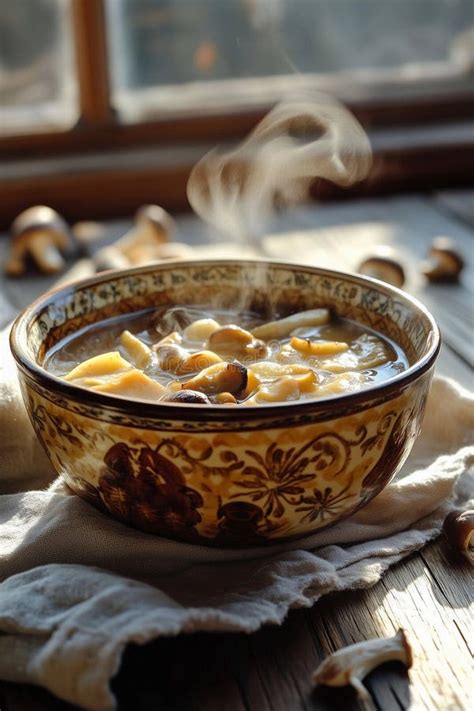 Thematic photo of a potato goulash with mushrooms, with steam rising from it, on a rustic wooden table