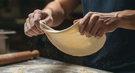 Photo showing a person stretching pizza dough by hand