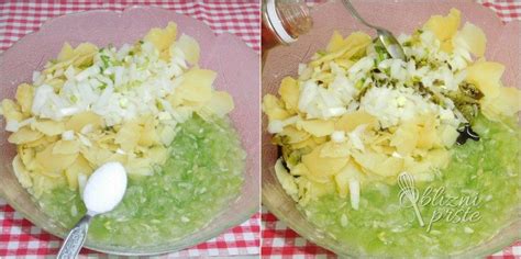 Priprava krompirjeve solate: rezanje kuhanega krompirja, dodajanje sesekljanih kumaric, kaprov in peteršilja ter mešanje s prelivom.