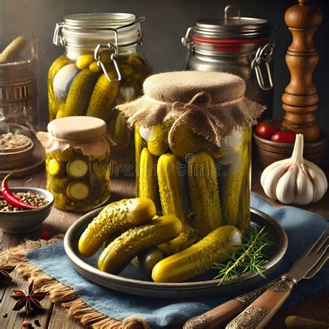 Thematic photo of jars of pickled cucumbers on a wooden table