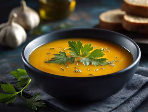 Thematic photo of a bowl of steaming garlic soup garnished with fresh herbs.