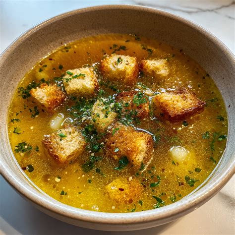 Photo of traditional Czech garlic soup with croutons and a poached egg.