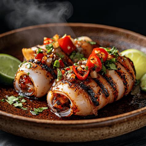 Photo of stuffed squid being grilled
