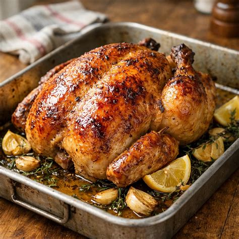 Thematic photo of a perfectly roasted chicken with crispy skin