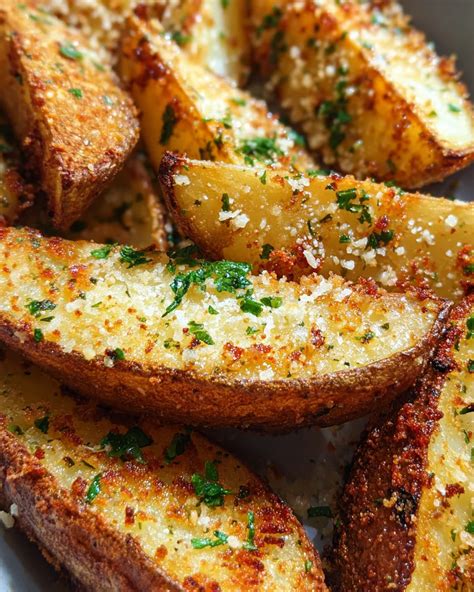 Delicious hot baked potato wedges with garlic in black rustic plate on kitchen towel. Appetizing crisp. Traditional garnish or side dish for Christmas dinner.