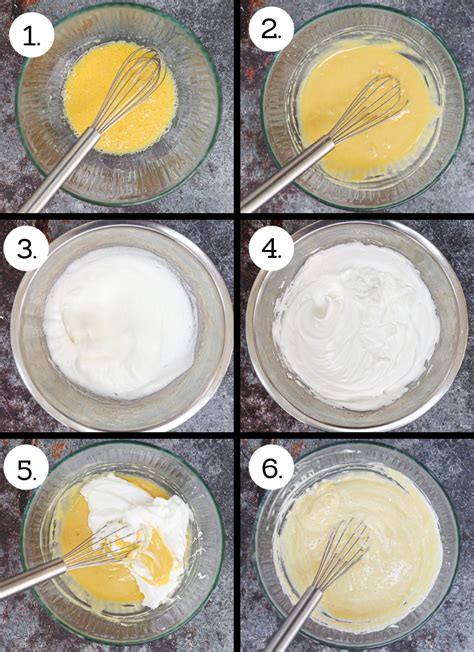 The image should show a bowl with egg yolks and sugar being whisked until pale and fluffy, and another bowl with stiff egg whites.