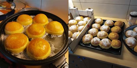 Krofi, ki se cvrejo v olju, s pokrito posodo za začetno cvrtje.