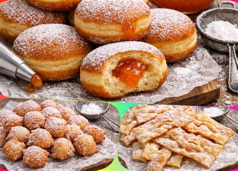 Primerjava različnih pustnih dobrot, vključno s krofi, miškami in flancati.