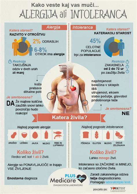 Infografika: Razlika med simptomi alergije in intolerance na hrano (prebavne težave, kožne reakcije, časovni zamik)