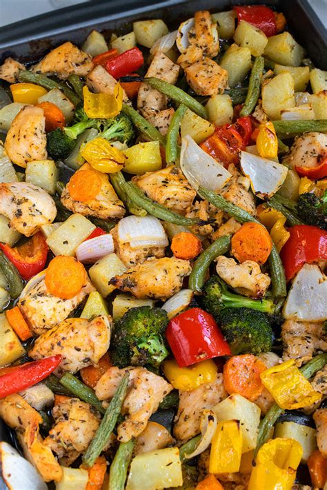Infographic showing a baking sheet with chicken, potatoes, and vegetables, ready for the oven