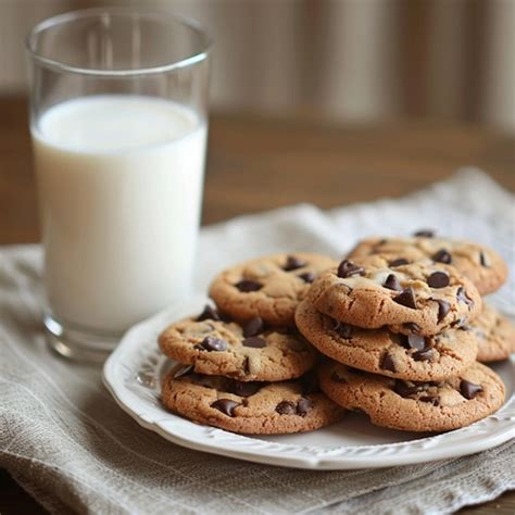 Thematic photo of chocolate chip cookies with a glass of milk