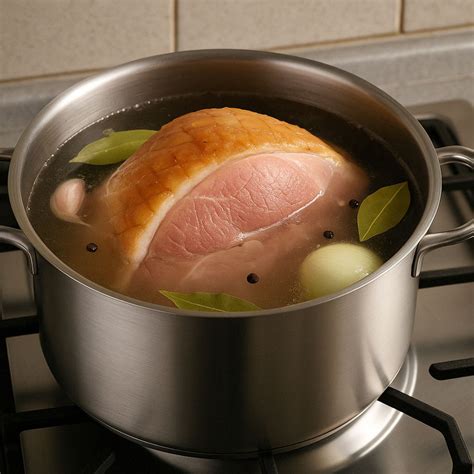 prikaz lonca z vodo, začimbami in šunko, ki se počasi kuha