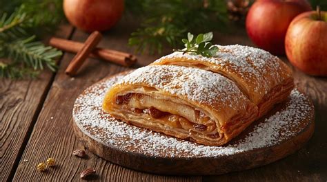 Thematic photo of a freshly baked pumpkin strudel on a wooden table, sprinkled with powdered sugar.